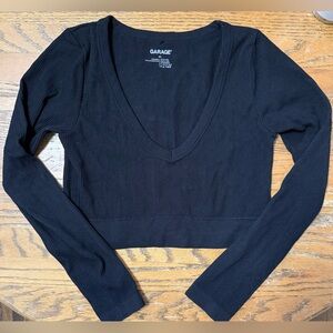 Garage Black Ribbed V-Neck Long Sleeve Crop Top